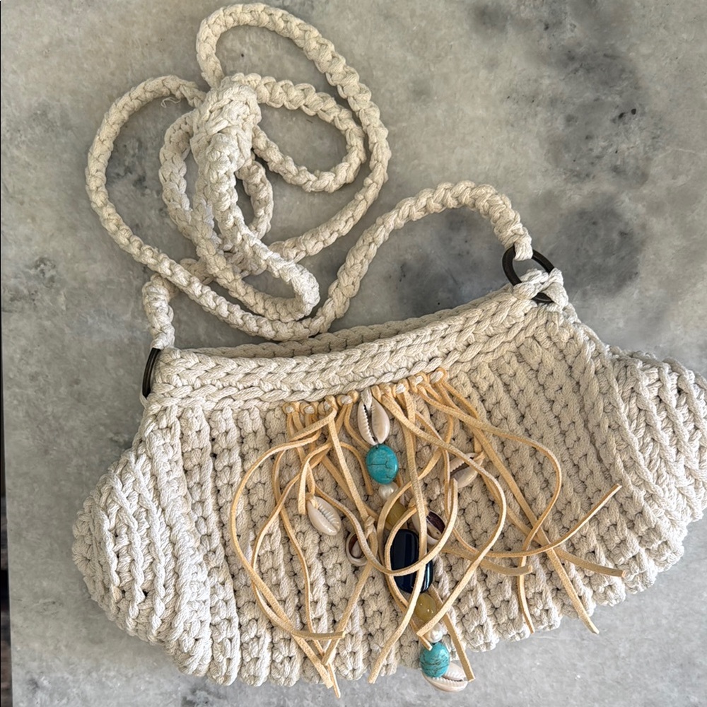Cream Crescent Crossbody Bag with Braided Strap